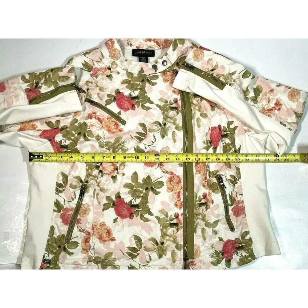 Lane Bryant Plus Size 20 Floral Moto Jacket Full Zip Pockets Ivory‎ Green